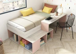 Bett Quinn 90x200 cm mit Schreibtisch und Stauraum - Kiefer/altrosa