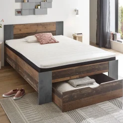 Bett Rudi 140x200 mit 1 Schublade - alter Stil/Beton