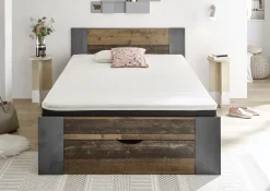 Bett Rudi 140x200 mit 1 Schublade - alter Stil/Beton