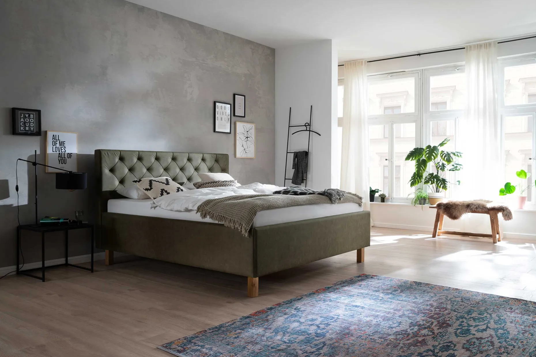 Bett San Marino 180x200cm mit Stauraum Kunstleder - grün/Eiche
