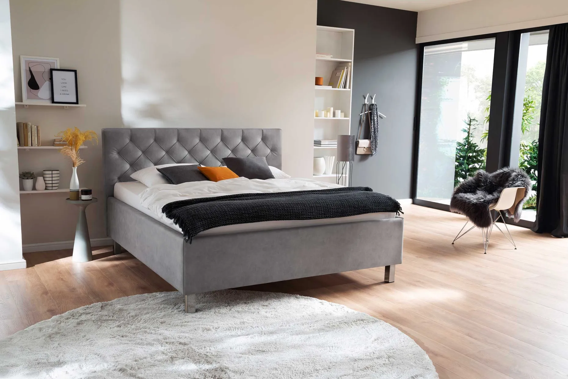 Bett San Marino 160x200cm mit Stauraum Kunstleder - grau/chrom