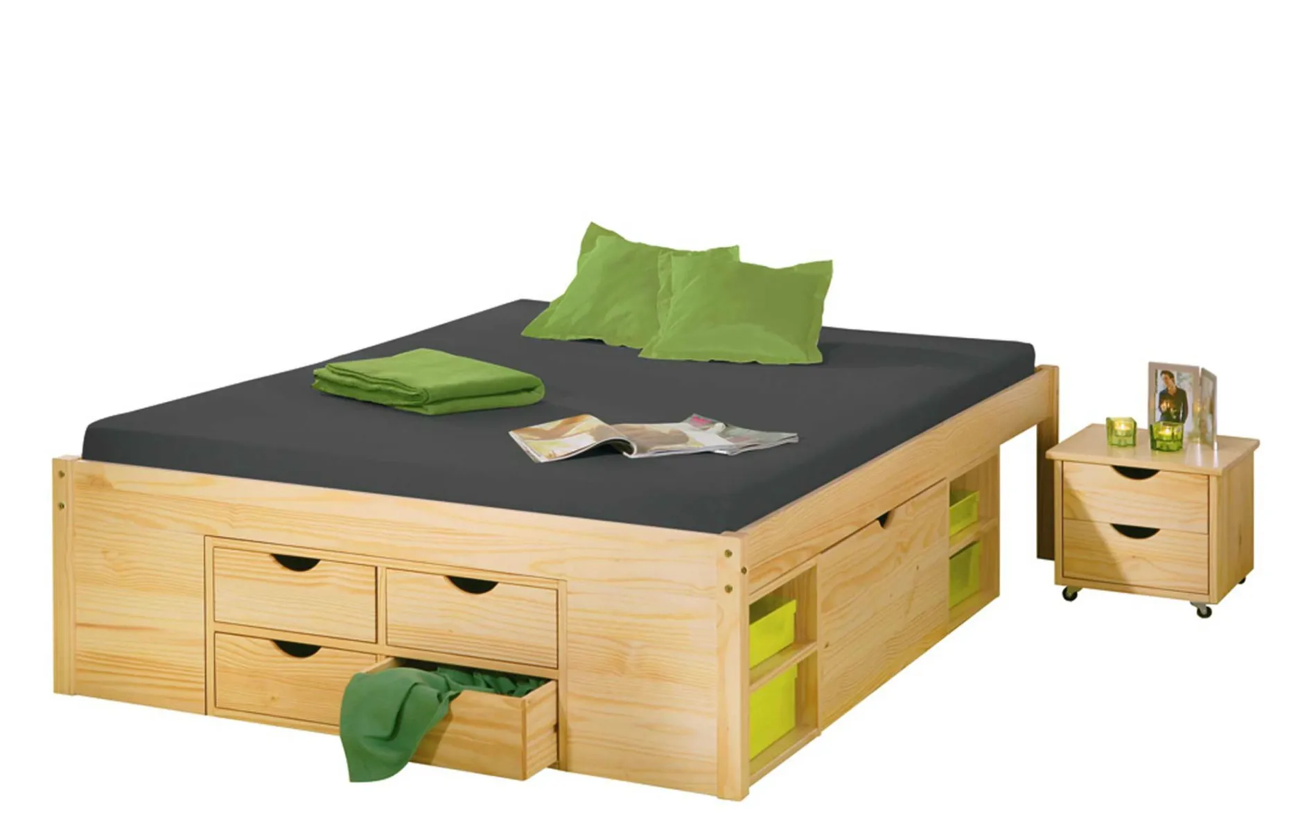 Bett Xavier 140x200cm mit Stauraum - Kieferholz