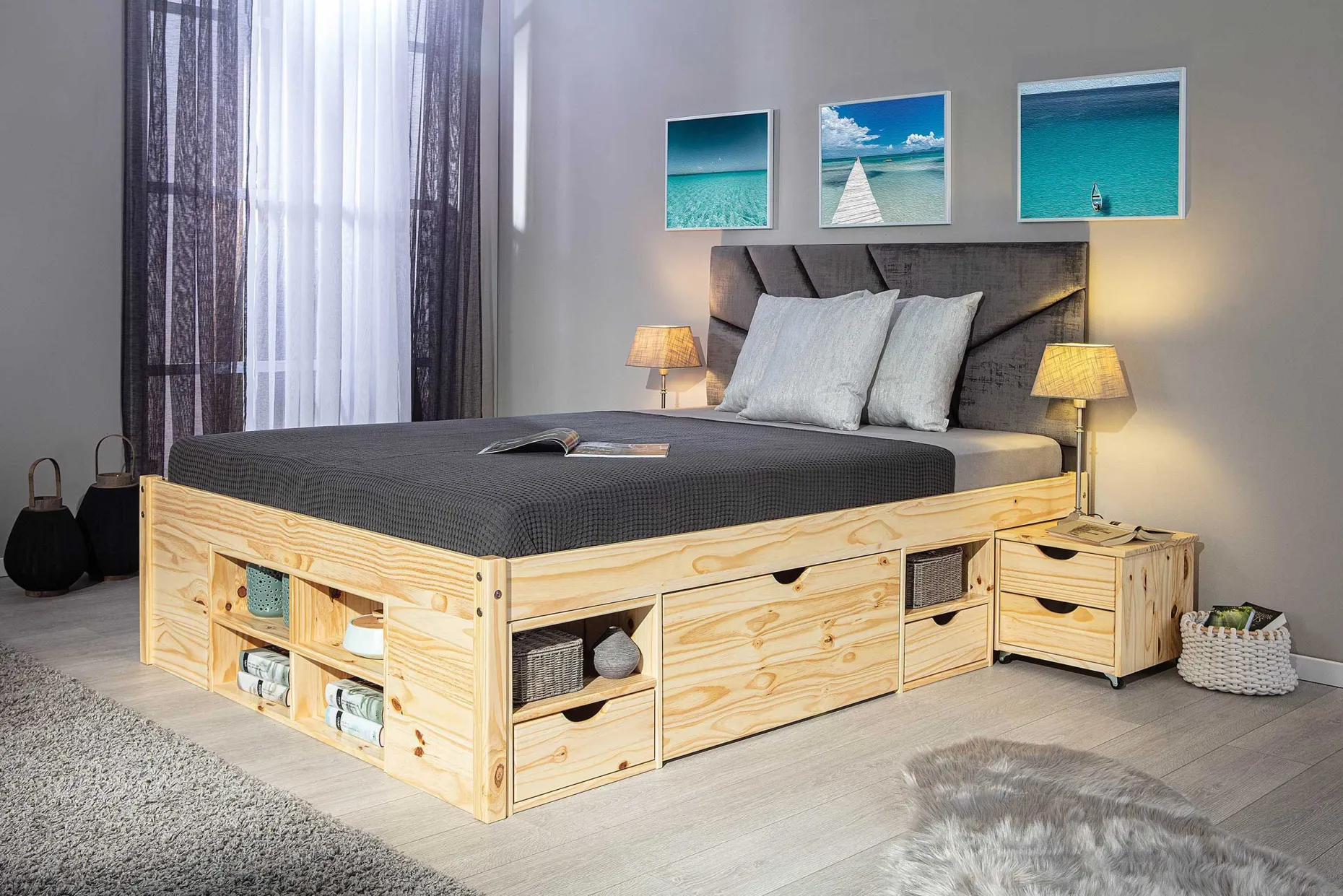 Bett Xavier 140x200cm mit Stauraum - Kieferholz