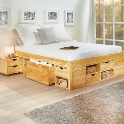 Bett Xavier 160x200cm mit Stauraum - Kieferholz