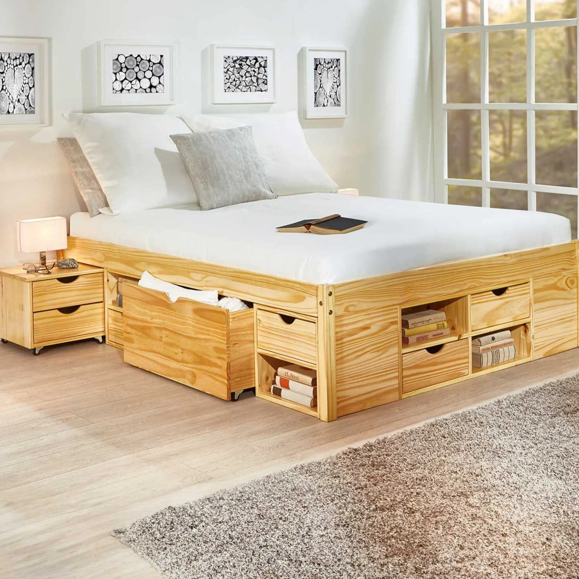 Bett Xavier 160x200cm mit Stauraum - Kieferholz