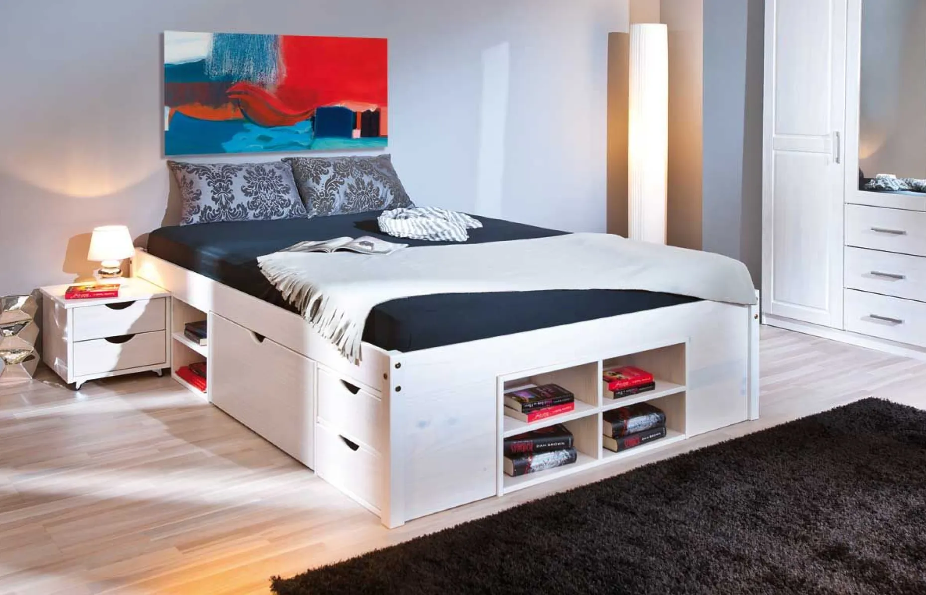 Bett Xavier 160x200cm mit Stauraum - white wash