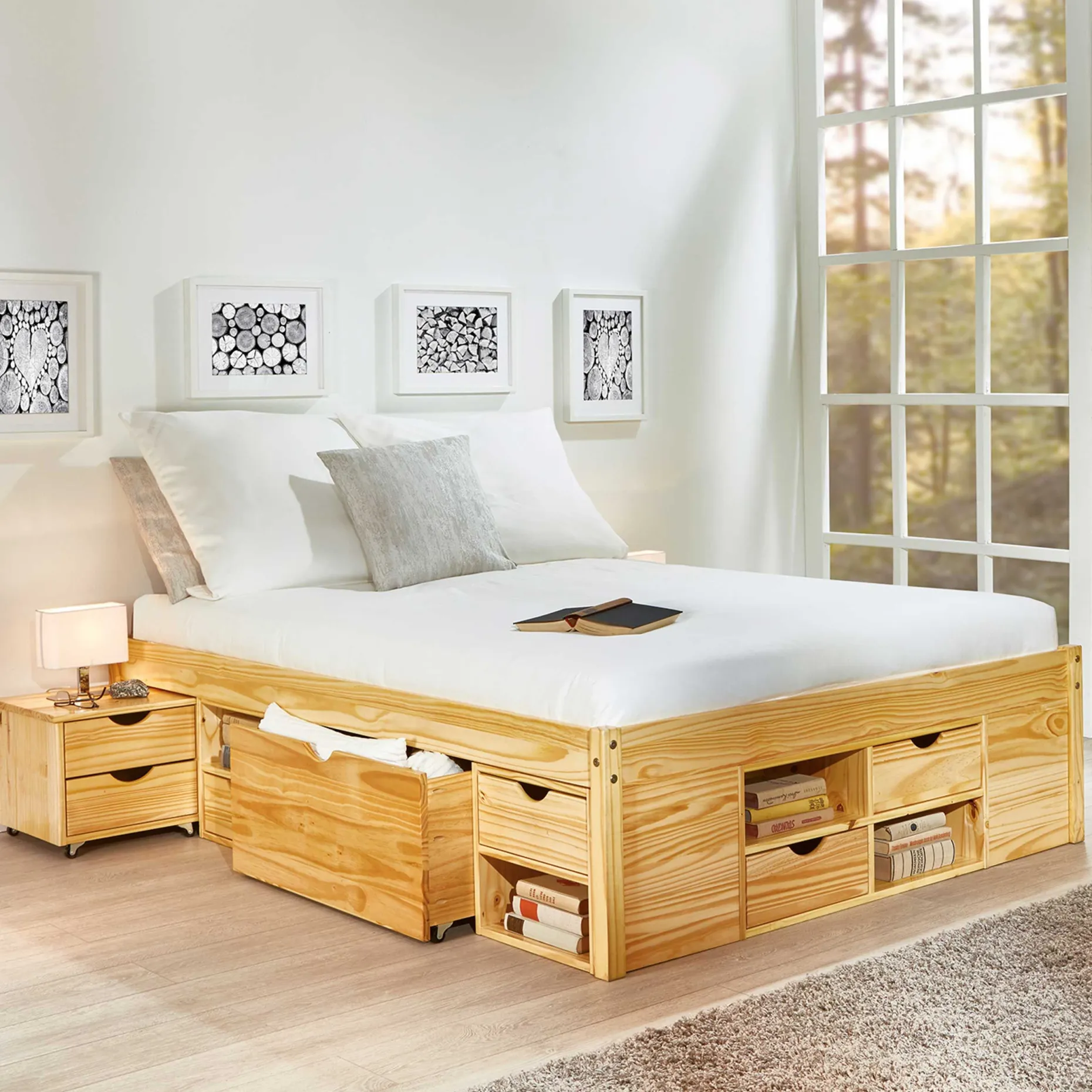 Bett Xavier 180x200 mit Stauraum - Kieferholz