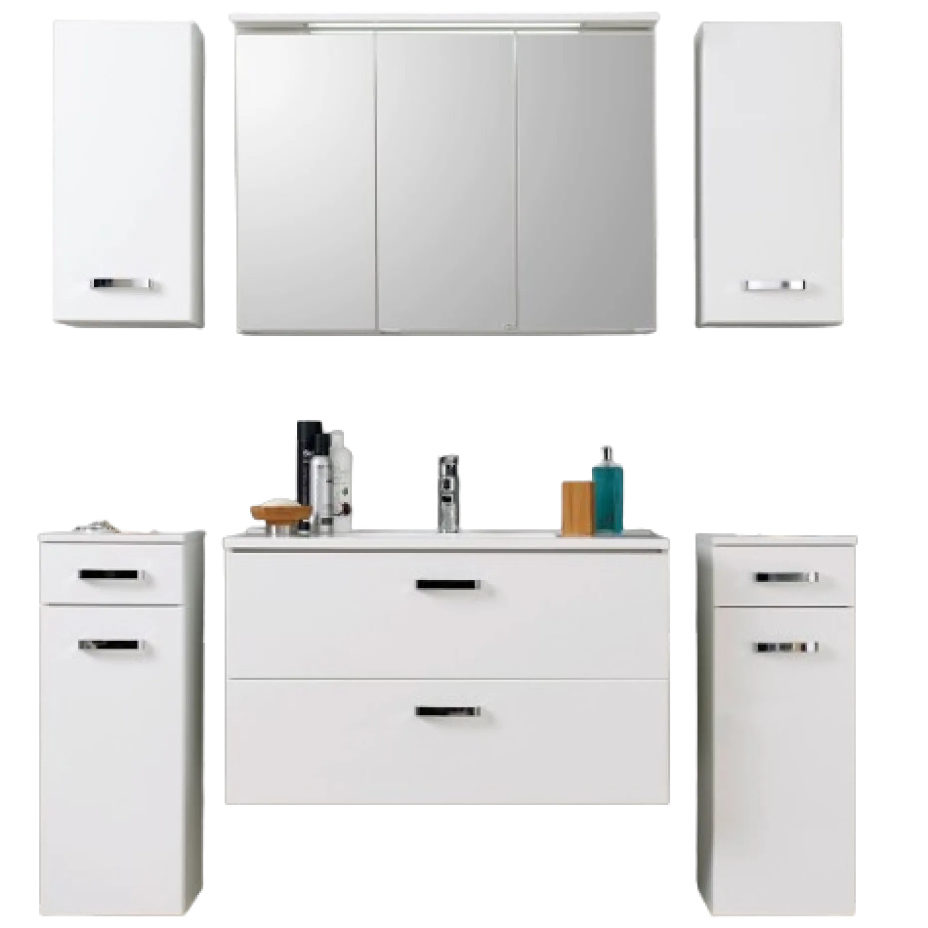 BobbiBadezimmer : 2x Hängeschrank, 2x Unterschrank, Spiegelschrank, Waschbeckenschrank - Hochglanz weiß