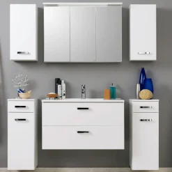 BobbiBadezimmer : 2x Hängeschrank, 2x Unterschrank, Spiegelschrank, Waschbeckenschrank - Hochglanz weiß