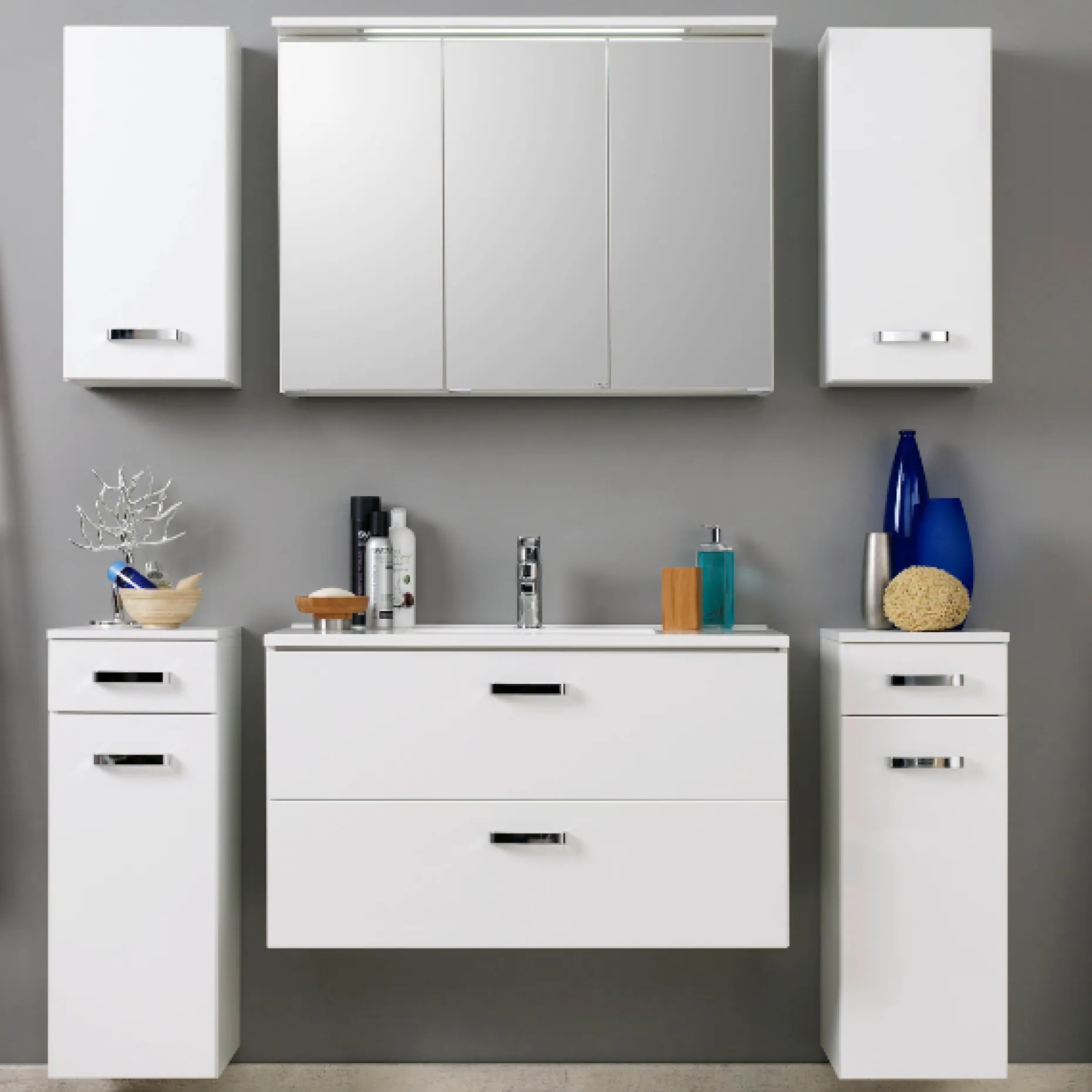 BobbiBadezimmer : 2x Hängeschrank, 2x Unterschrank, Spiegelschrank, Waschbeckenschrank - Hochglanz weiß