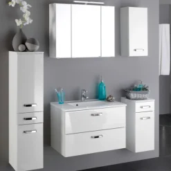 BobbiBadezimmer : 2x Hängeschrank, 2x Unterschrank, Spiegelschrank, Waschbeckenschrank - Hochglanz weiß