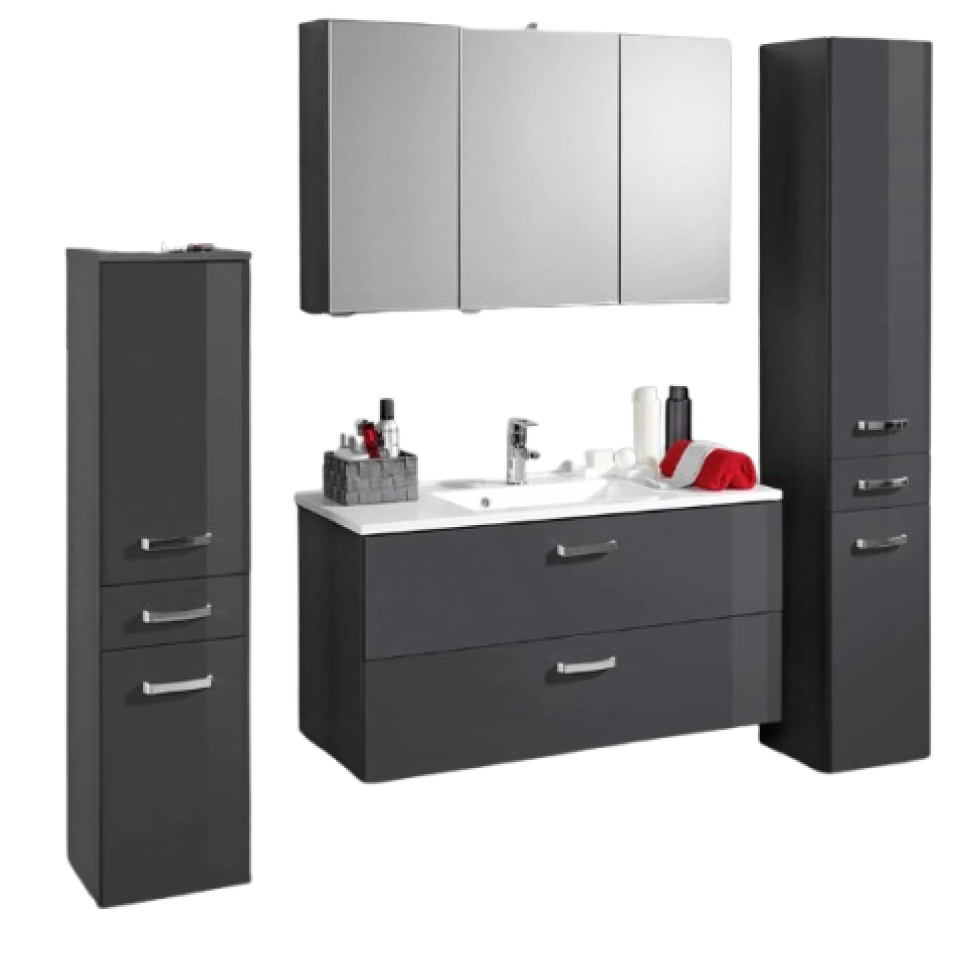 Held BobbiBadezimmer : 2x Säulenschrank, Spiegelschrank, Waschbeckenschrank - Hochglanz grau