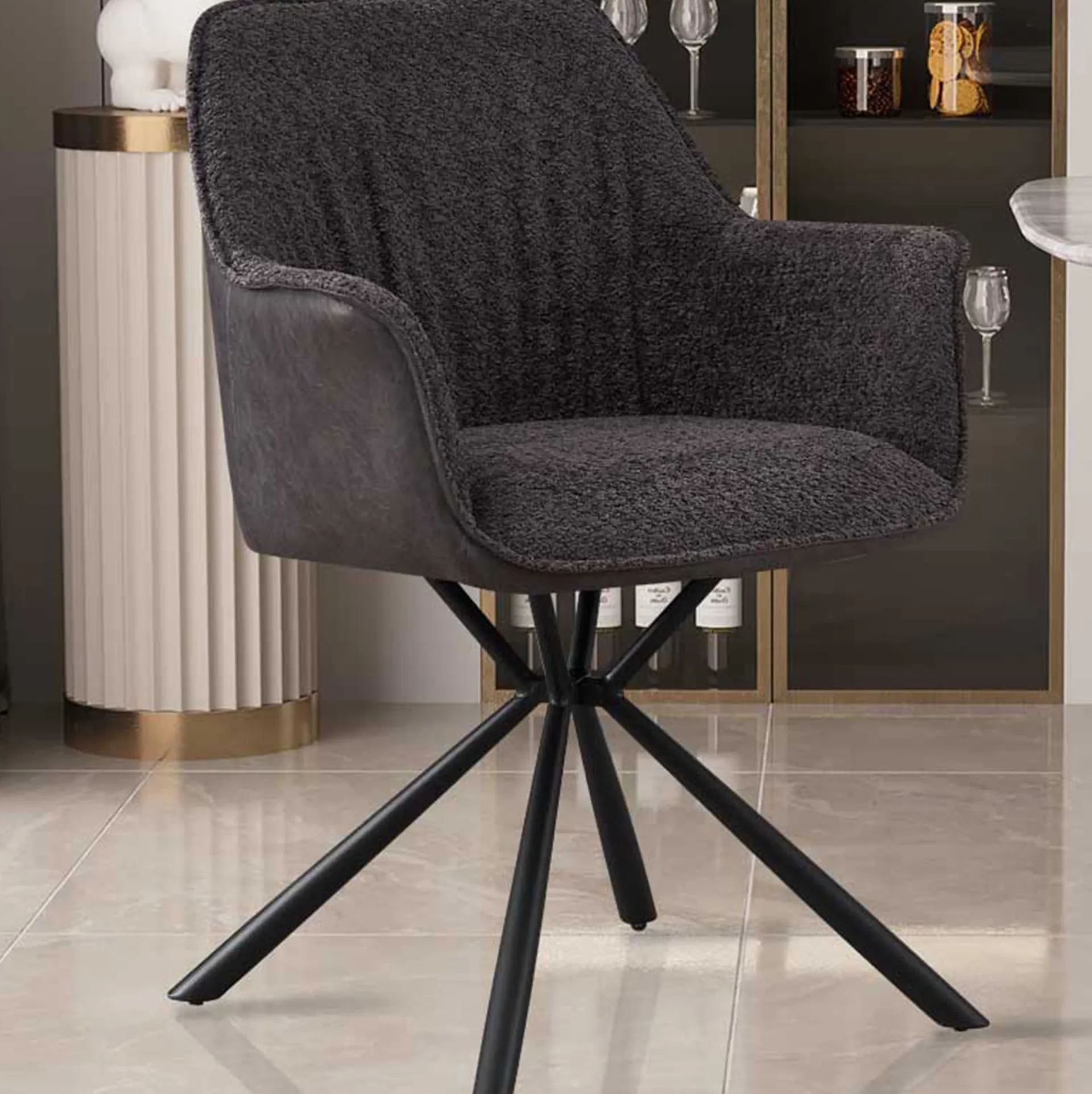 Rousseau Bouclé-Stuhl Lucie Hell PU-Rücken | Metallbeine | H82,5 x B62 x T63 cm