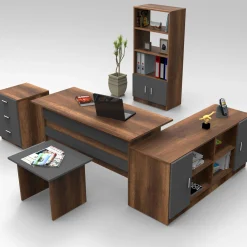 Emob Büromöbel-Set VO15 - 100% MELAMINE - Nussbaum - 140 x 140 x 60 cm