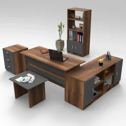 Emob Büromöbel-Set VO15 - 100% MELAMINE - Nussbaum - 140 x 140 x 60 cm