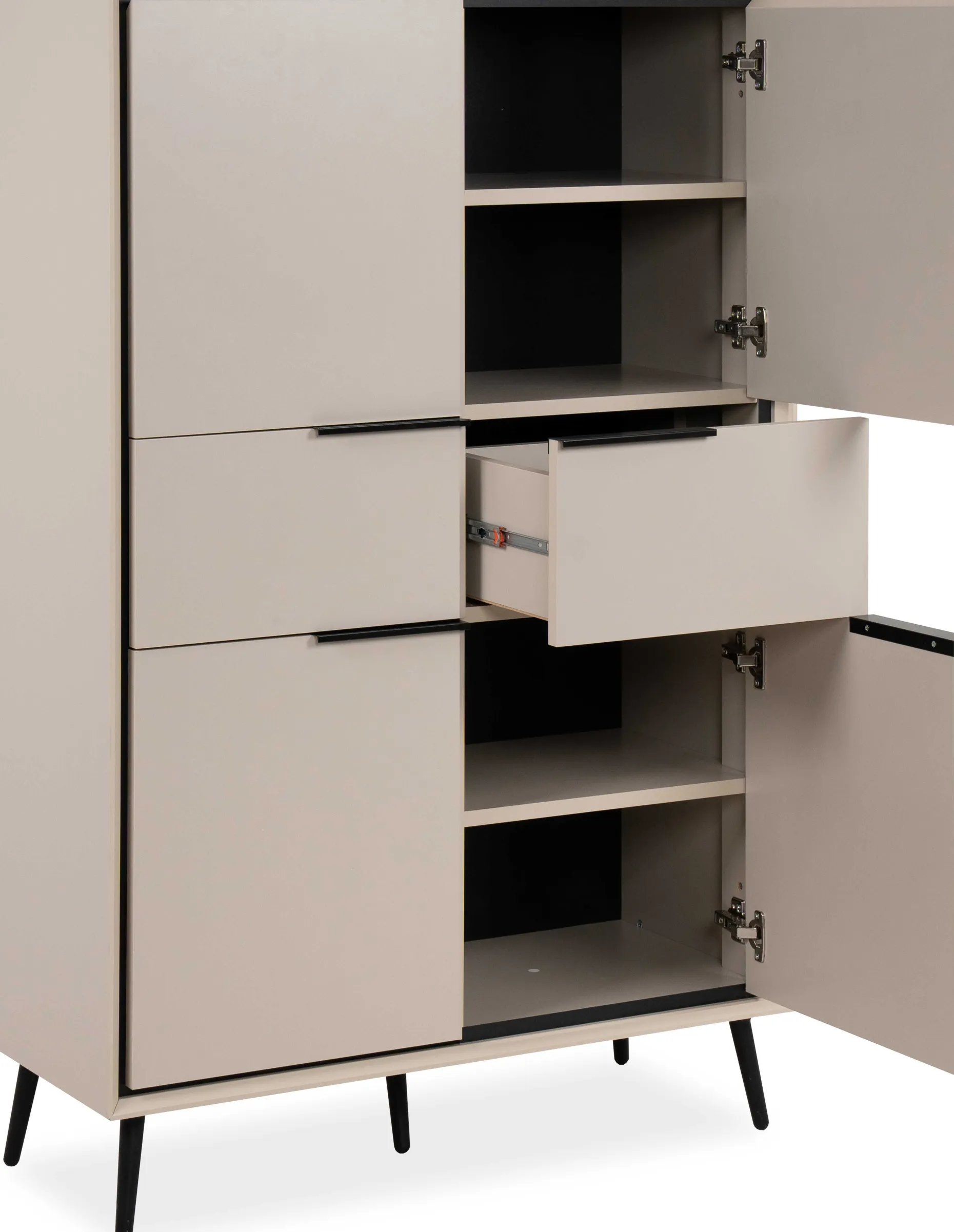 Buffetschrank Auryn - 90x38x140cm - 4 Türen und 2 Schubladen - sand/schwarz