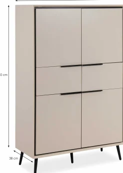 Buffetschrank Auryn - 90x38x140cm - 4 Türen und 2 Schubladen - sand/schwarz