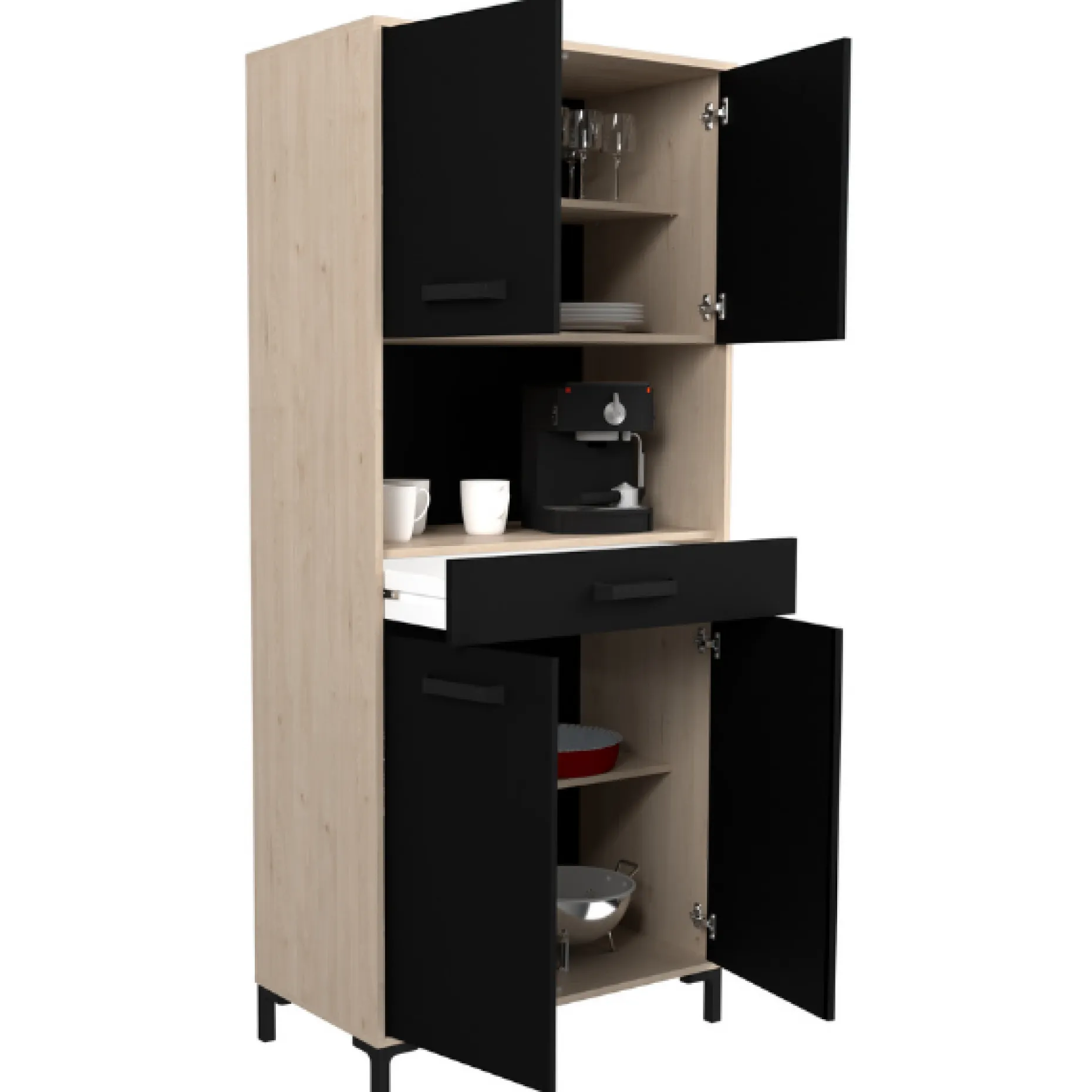 Buffetschrank Felicity 80cm, 4 Türen und 1 Schublade - Eichendekor/schwarz