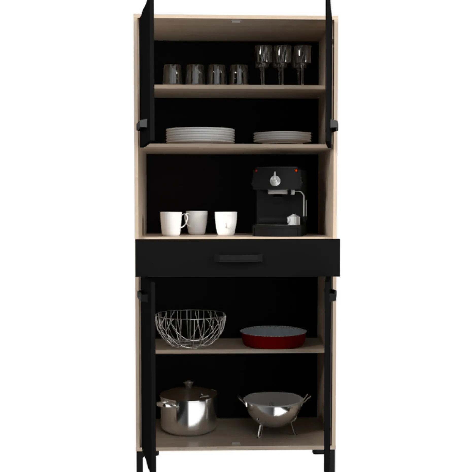 Buffetschrank Felicity 80cm, 4 Türen und 1 Schublade - Eichendekor/schwarz