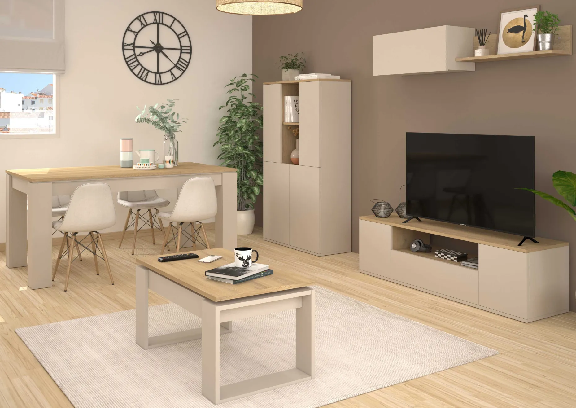 Buffetschrank Kosmo - 90x35x150cm - 4 Türen - Kaschmir/Eiche Dekor