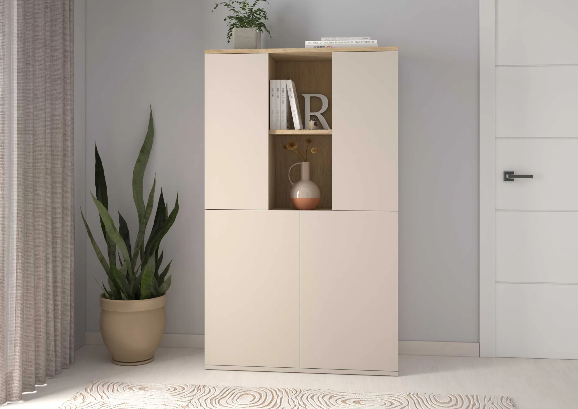 Buffetschrank Kosmo - 90x35x150cm - 4 Türen - Kaschmir/Eiche Dekor