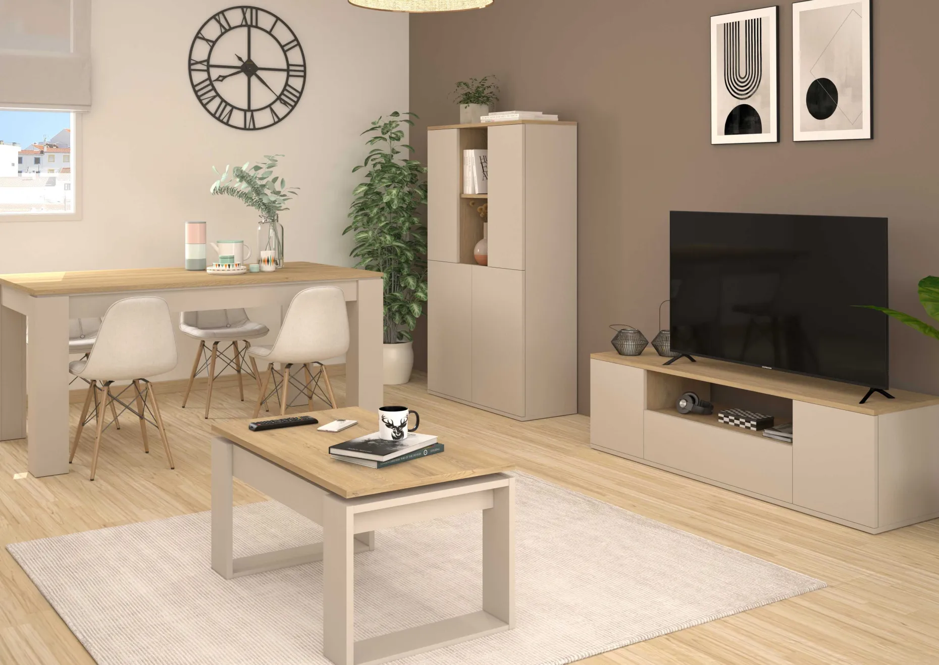 Buffetschrank Kosmo - 90x35x150cm - 4 Türen - Kaschmir/Eiche Dekor