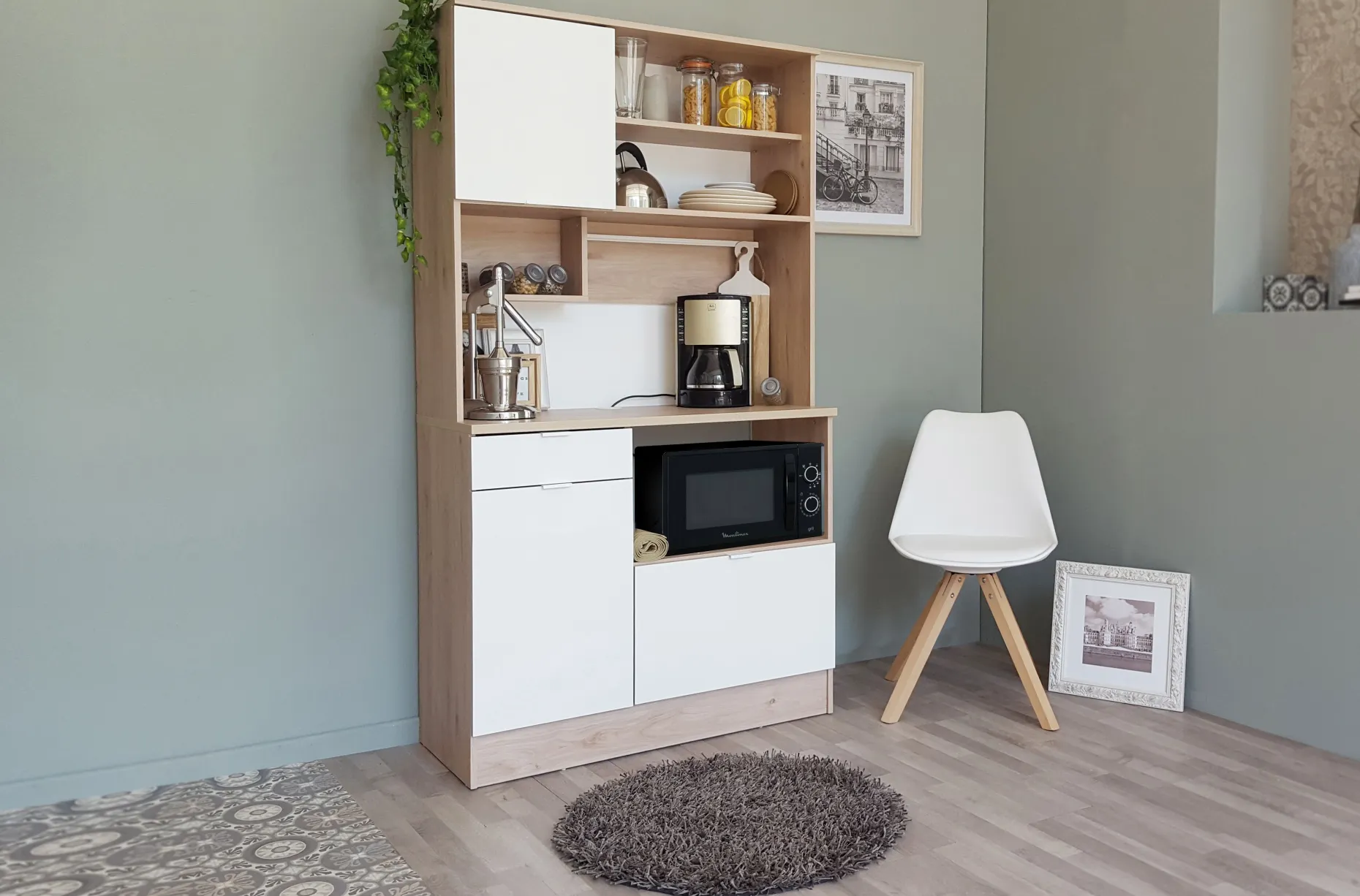 Buffetschrank Lydia 100cm, 3 Türen und 1 Schublade - Dekor Weiß/Eiche