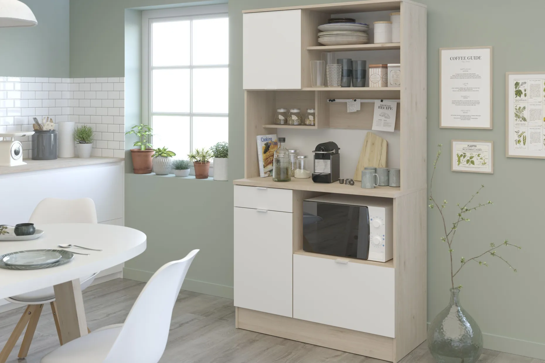 Buffetschrank Lydia 100cm, 3 Türen und 1 Schublade - Dekor Weiß/Eiche
