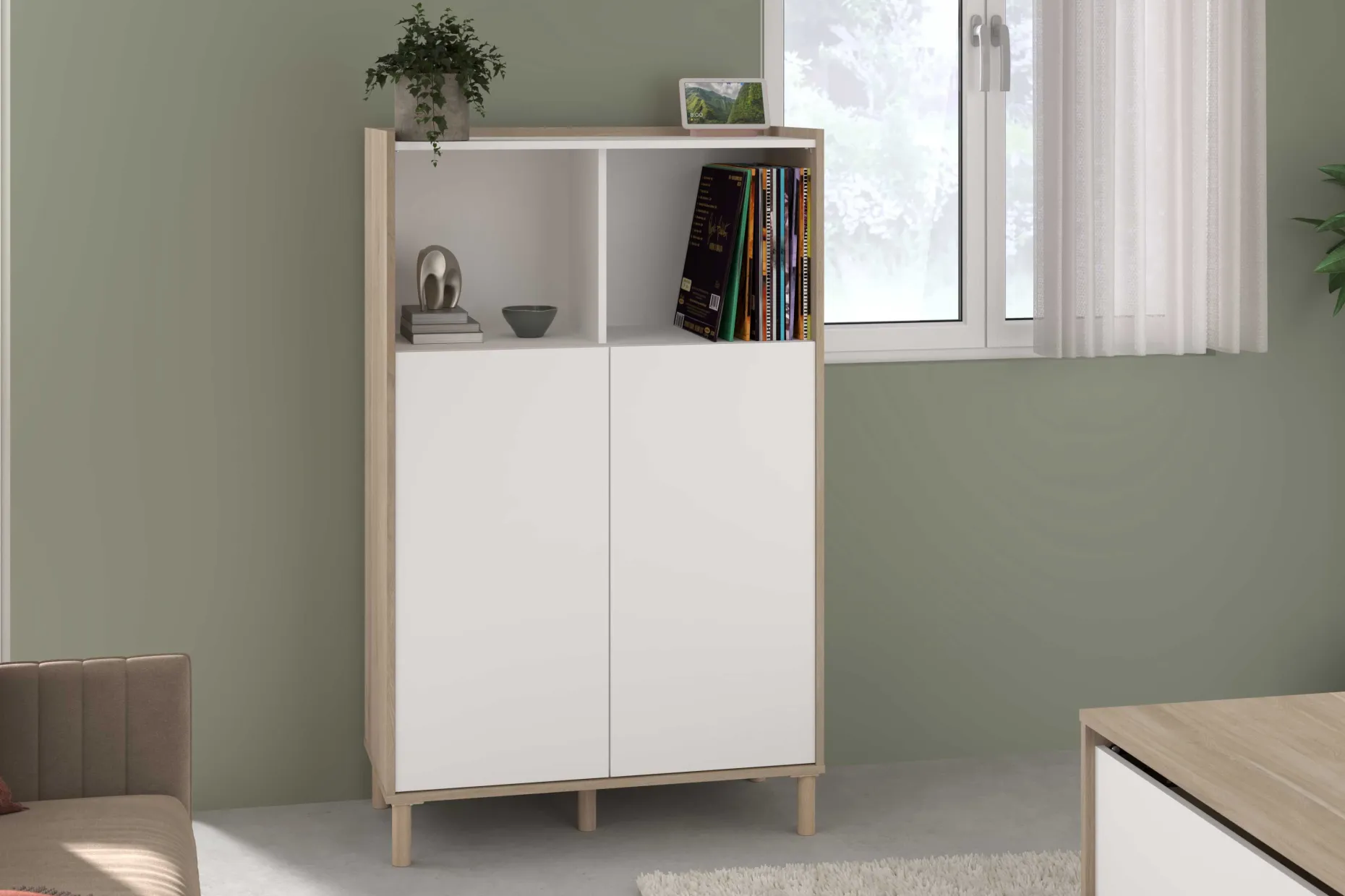 Buffetschrank Morpheus - 84x40x135cm - 2 Türen - Eiche Dekor/Weiß