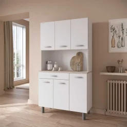 Buffetschrank Pavel 185cm hoch - matt weiß/akazienfarben mit Arbeitsplatte