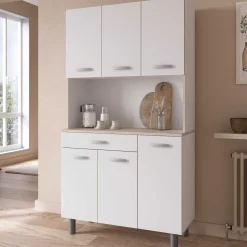 Buffetschrank Pavel 185cm hoch - matt weiß/akazienfarben mit Arbeitsplatte