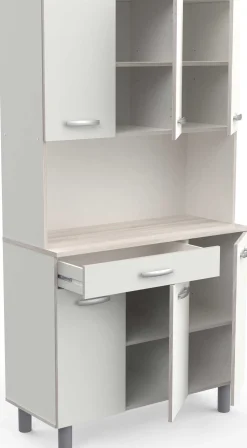 Buffetschrank Pavel 185cm hoch - matt weiß/akazienfarben mit Arbeitsplatte