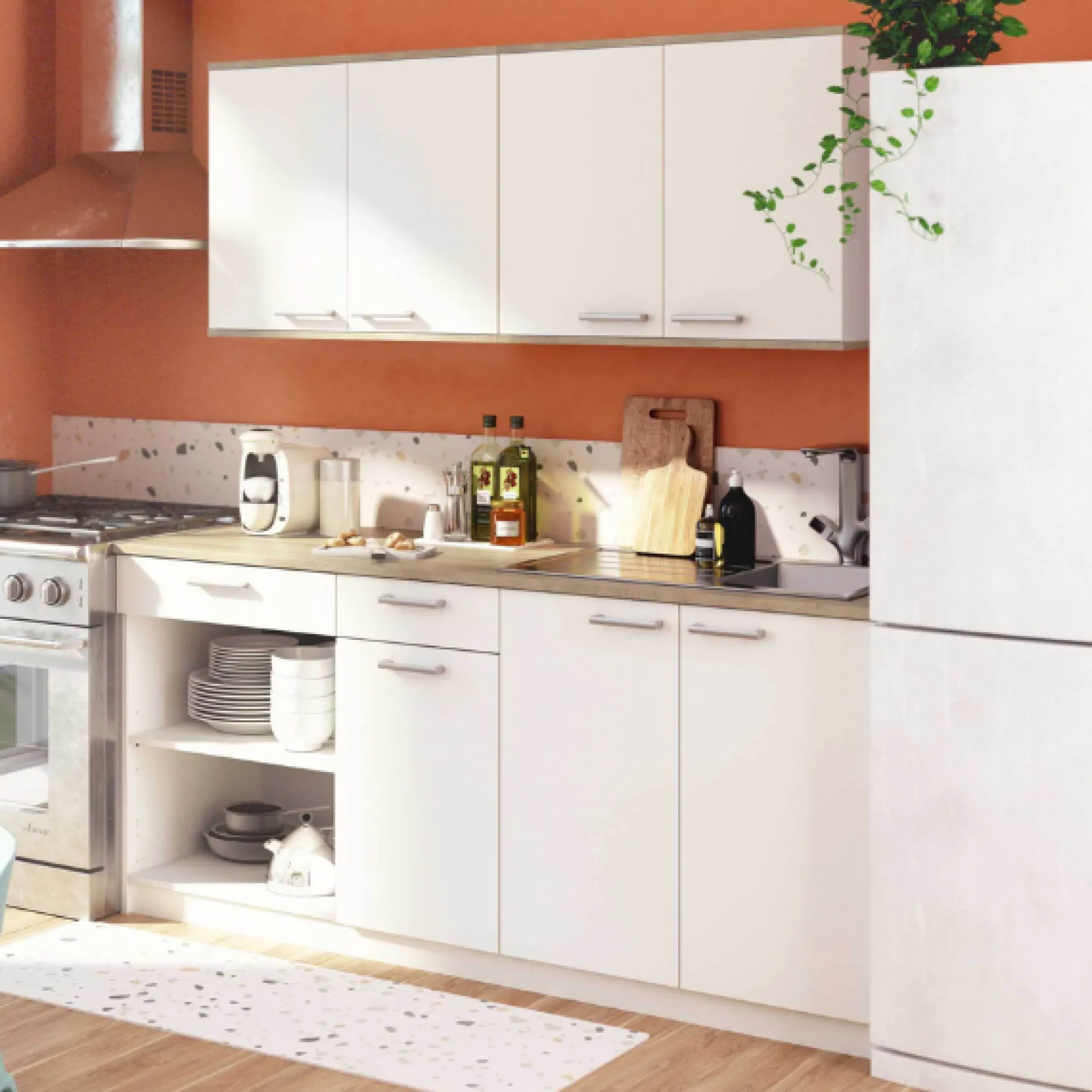 Chef Küchenzeile mit Platz für Backofen, Kochfeld und Spüle - Dekor Weiß/Eiche
