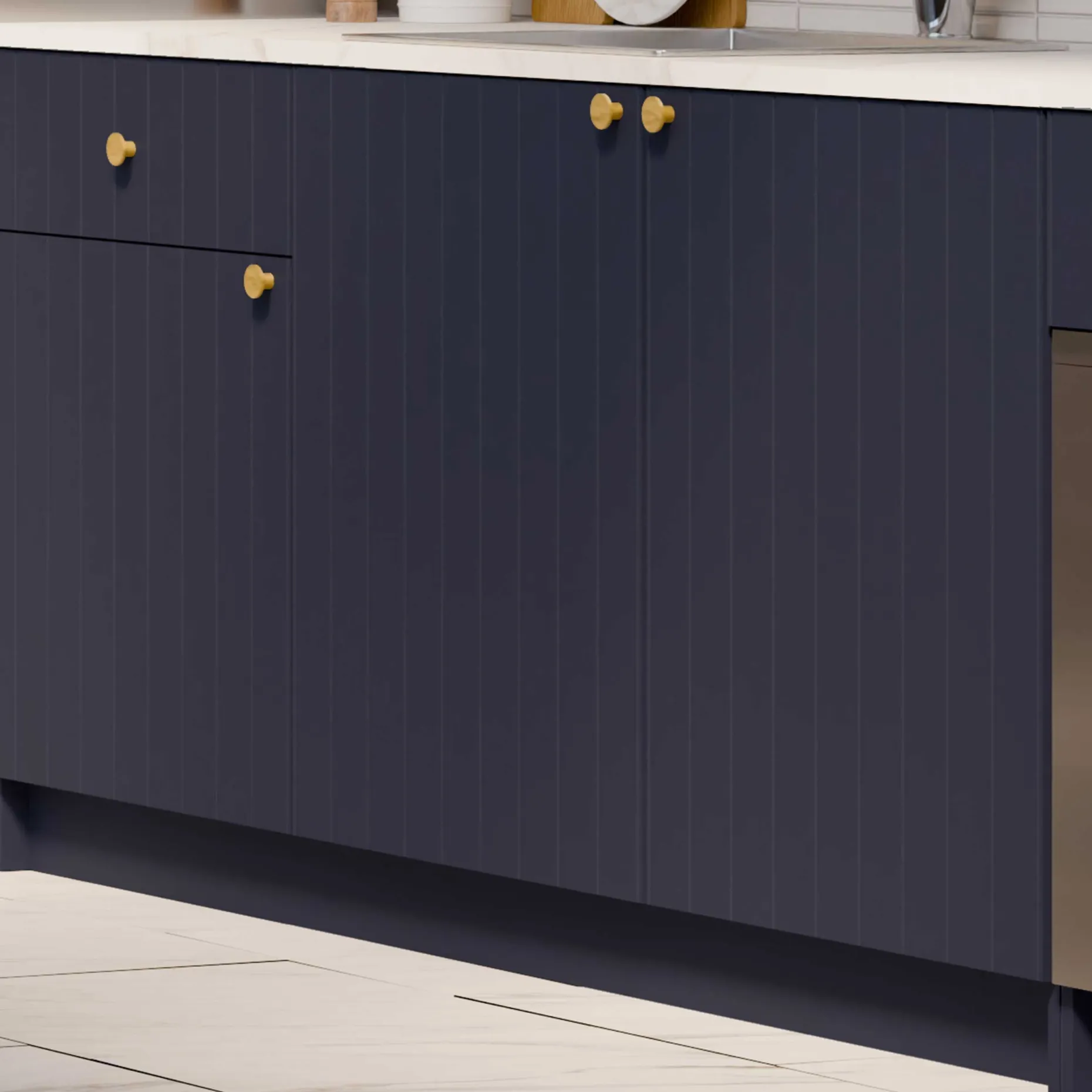 Chester Küchenschrank - 3 Türen und 1 Schublade - Indigo/Marmor