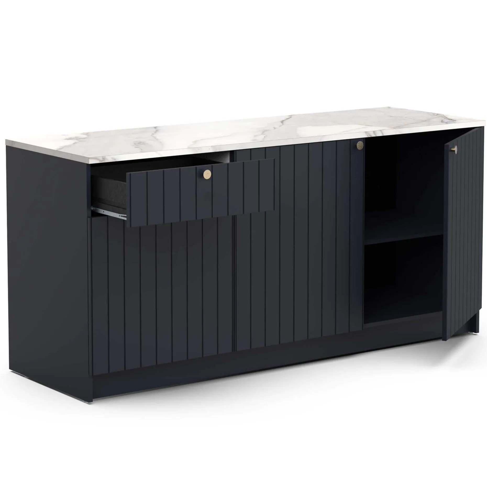 Chester Küchenschrank - 3 Türen und 1 Schublade - Indigo/Marmor