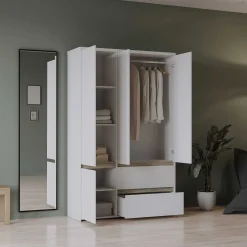 Clyde Kleiderschrank - 4 Türen und 2 Schubladen - Dekor Weiß/Eiche