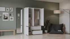 Clyde Kleiderschrank - 4 Türen und 2 Schubladen - Dekor Weiß/Eiche
