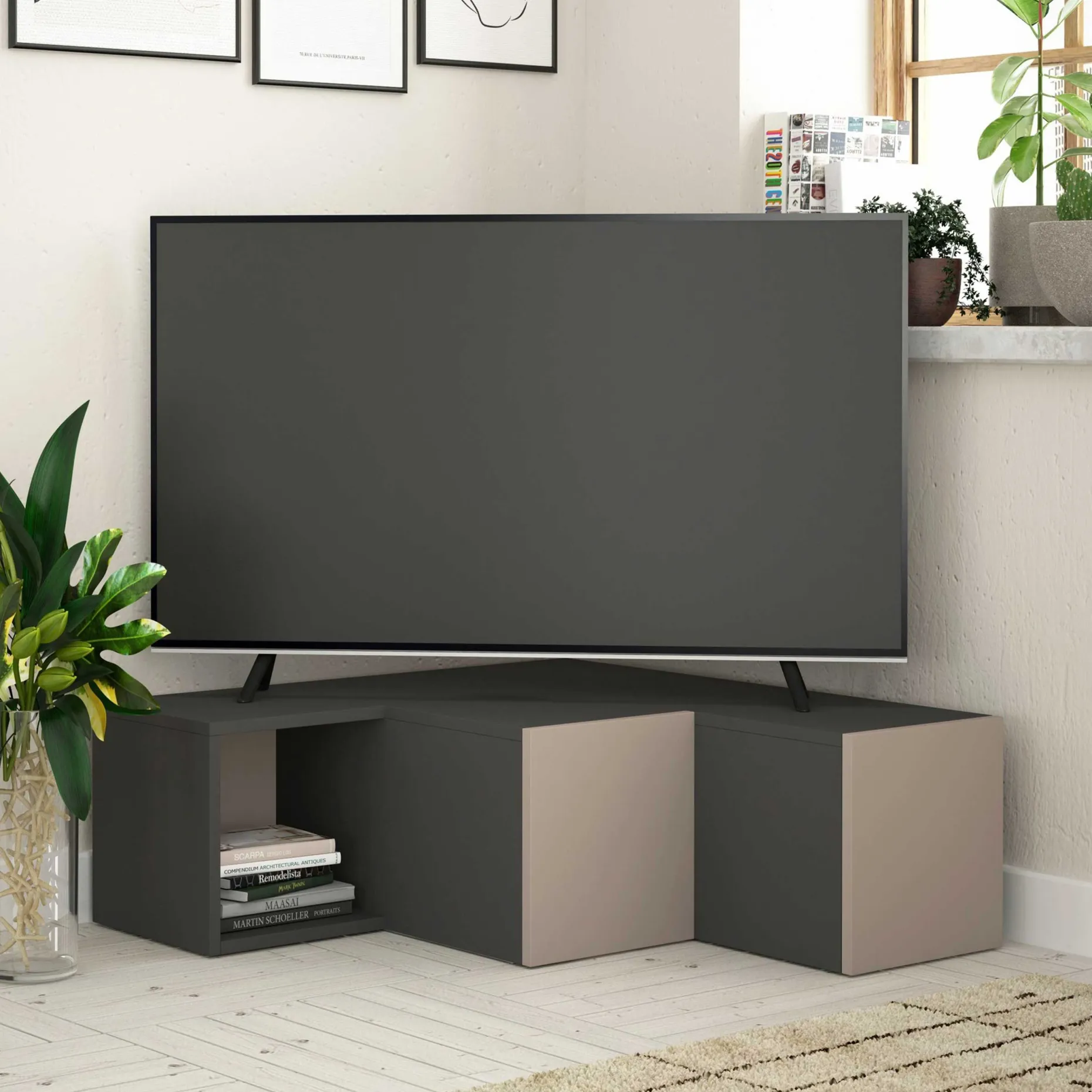Compact TV-Ständer | 100 % MELAMIN | Anthrazit, Hellbraun