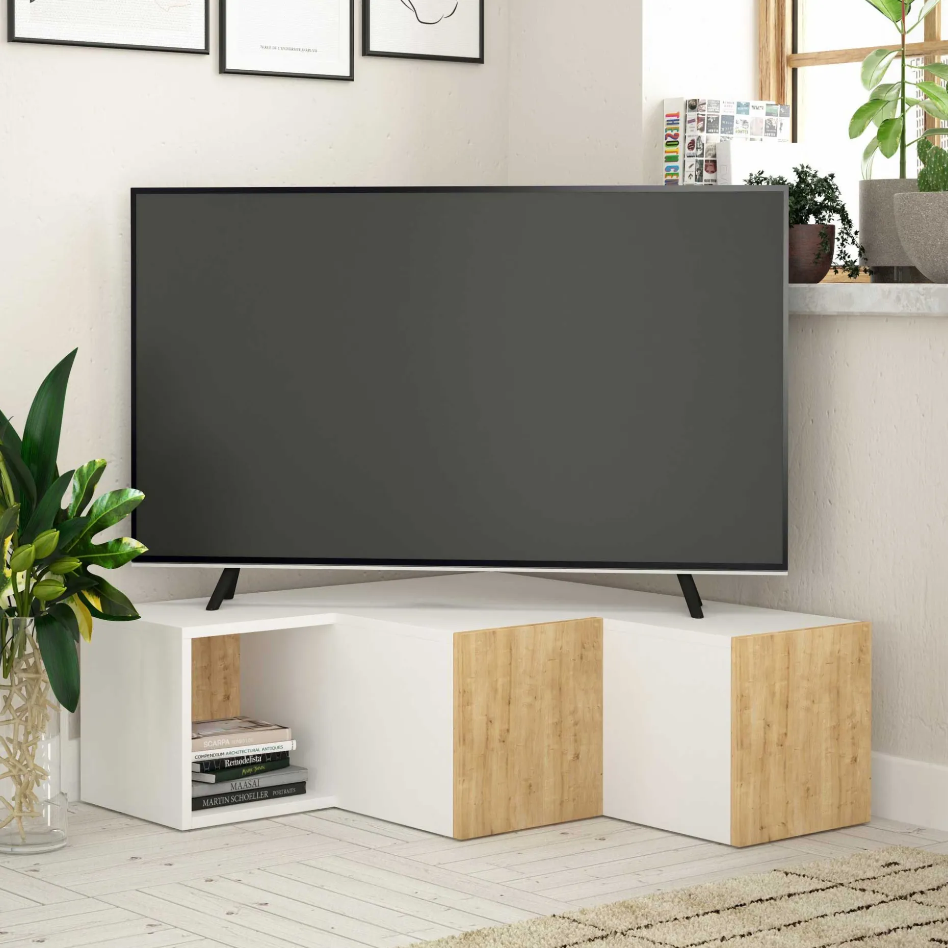 Compact TV-Ständer | 100 % MELAMIN | Weiß, Eiche