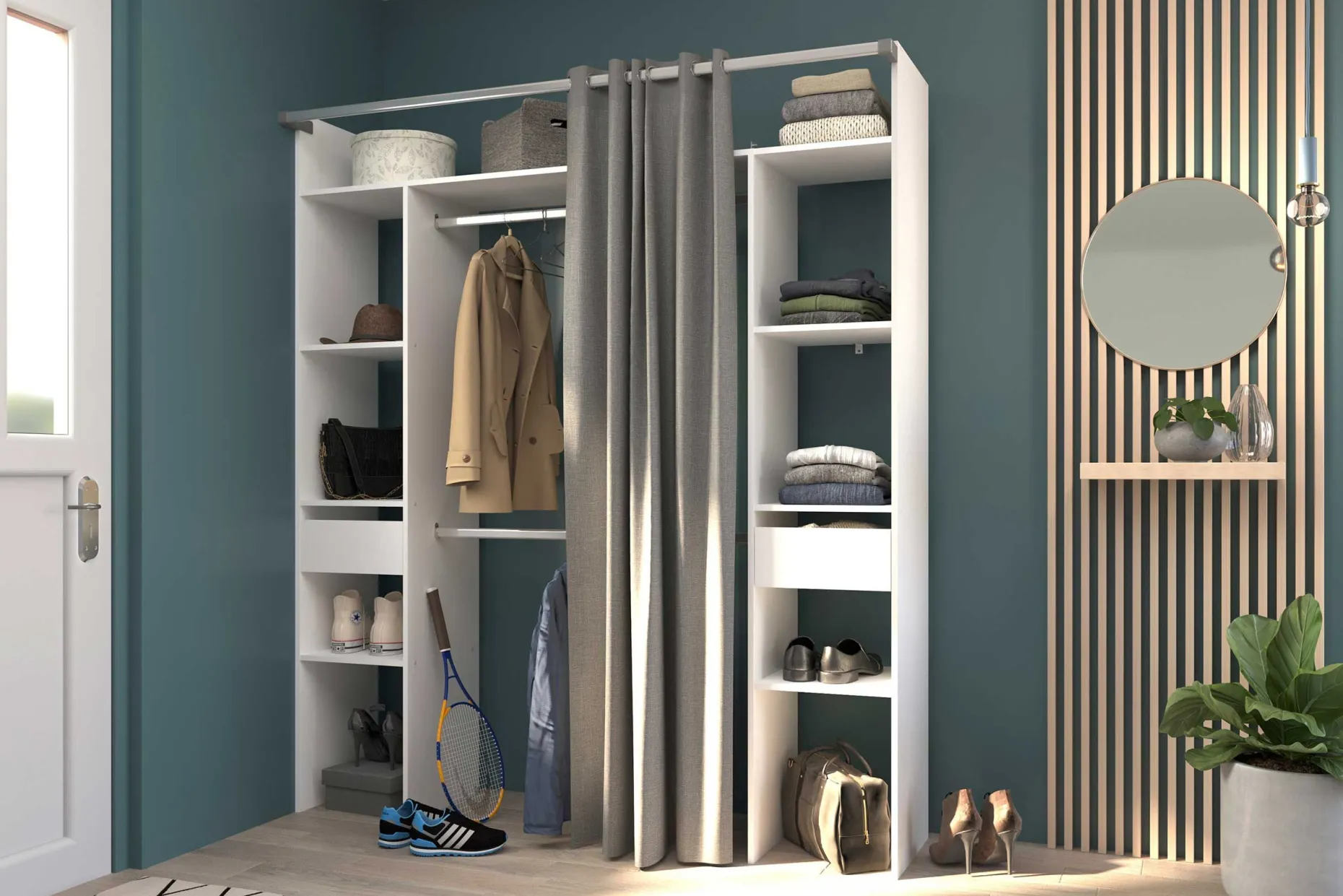 Corrida Offener Kleiderschrank - 176x48x203cm - mit Vorhang - weiß