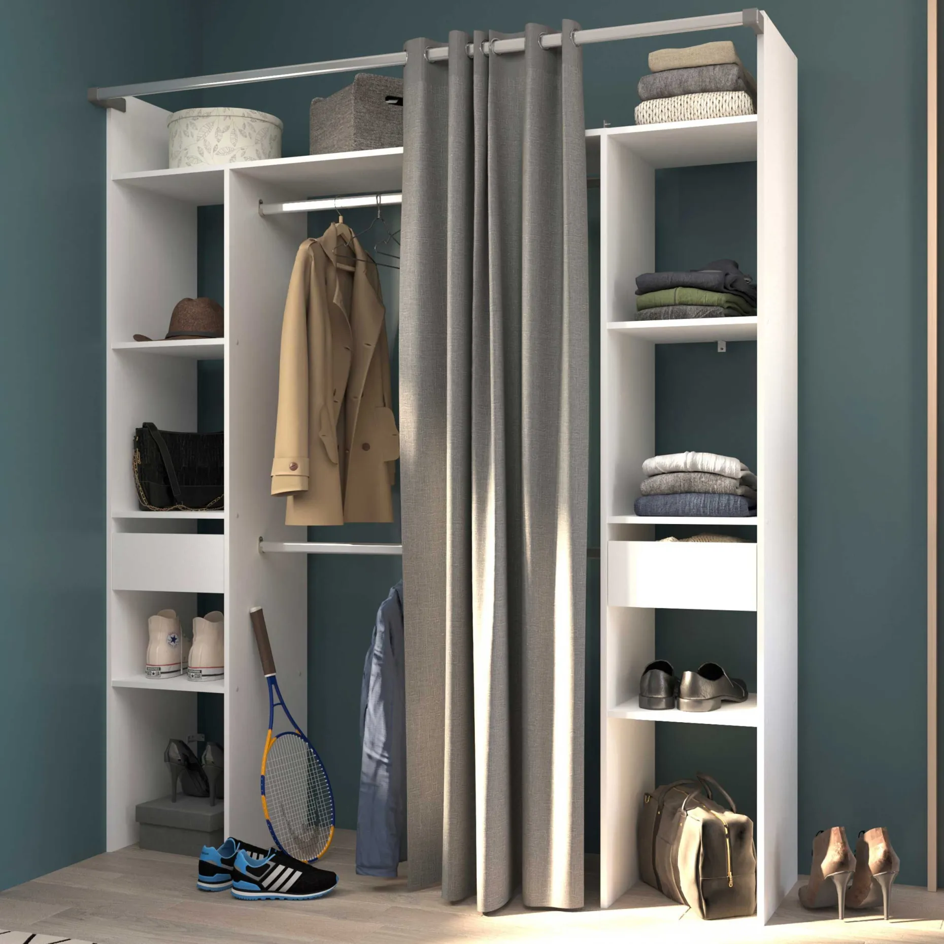 Corrida Offener Kleiderschrank - 176x48x203cm - mit Vorhang - weiß