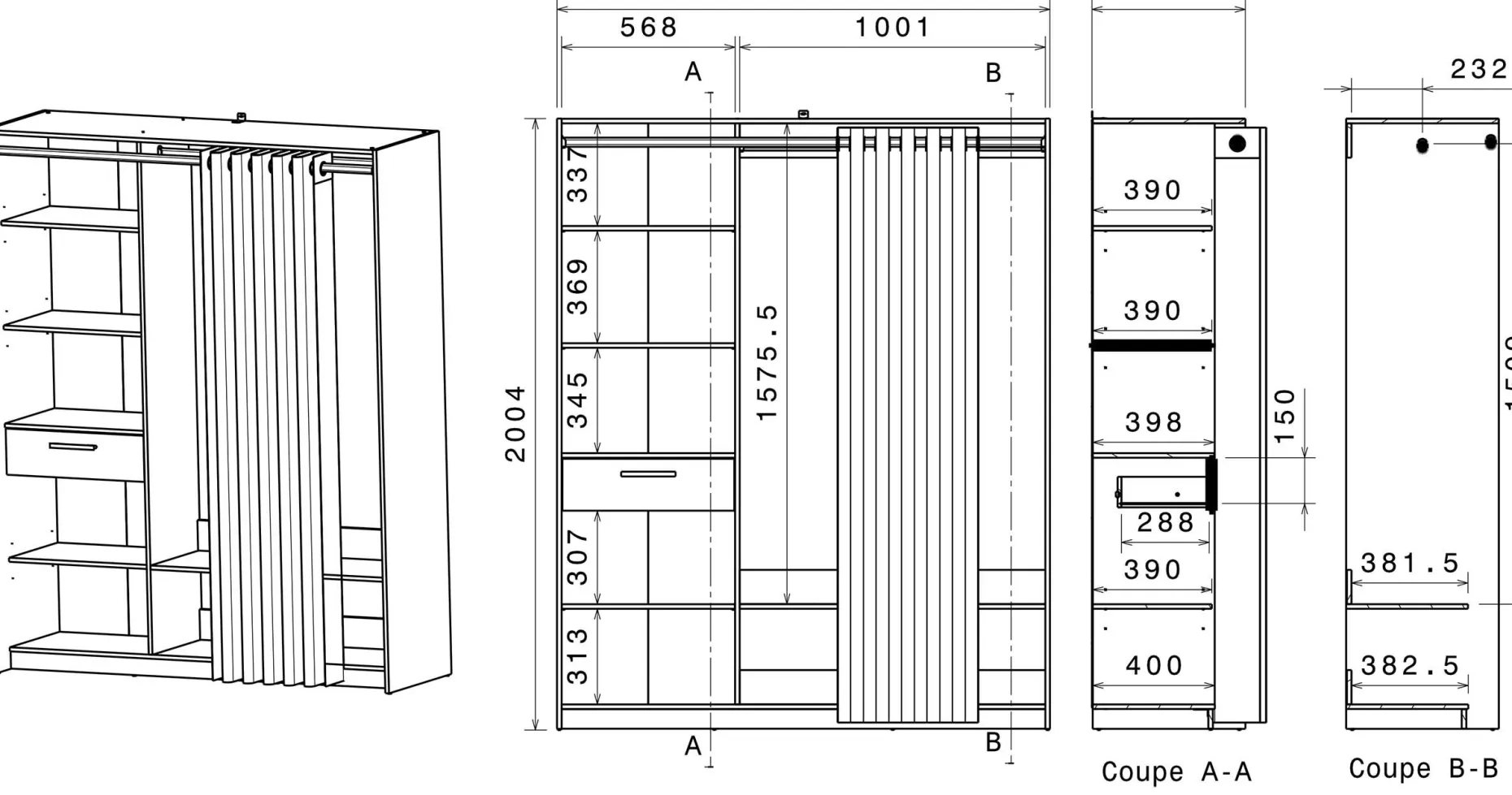 Cosy Offener Kleiderschrank - 161x50x200cm - mit Vorhang - Eiche/schwarz