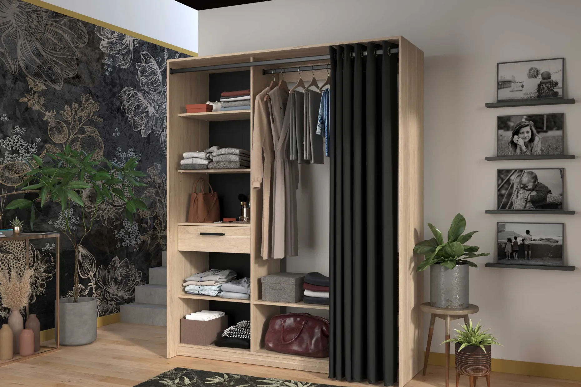 Cosy Offener Kleiderschrank - 161x50x200cm - mit Vorhang - Eiche/schwarz