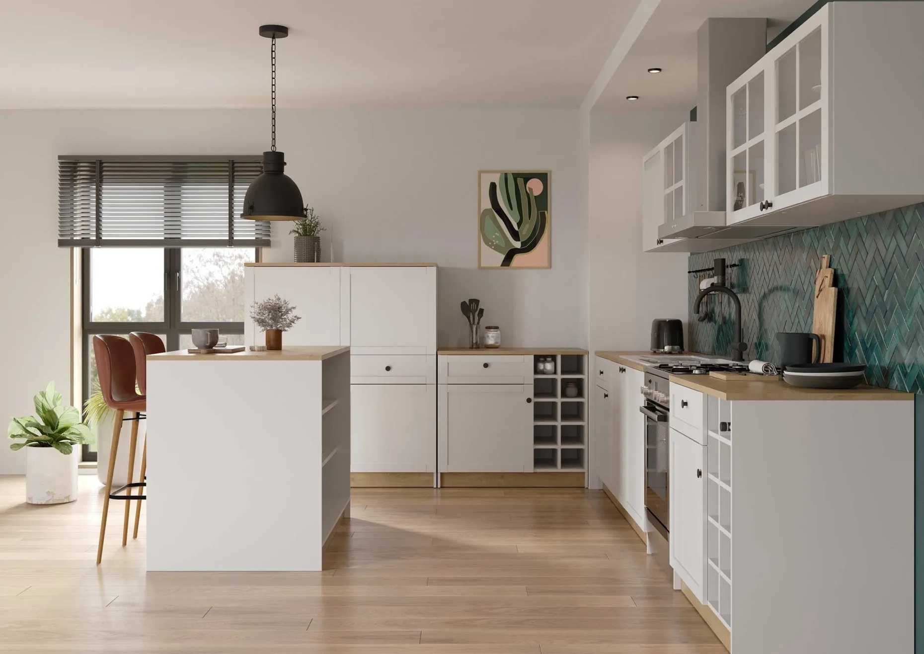 Cottage Küchenschrank - 1 Tür und 1 Schublade - mit Flaschenhalter - Dekor Weiß/Eiche
