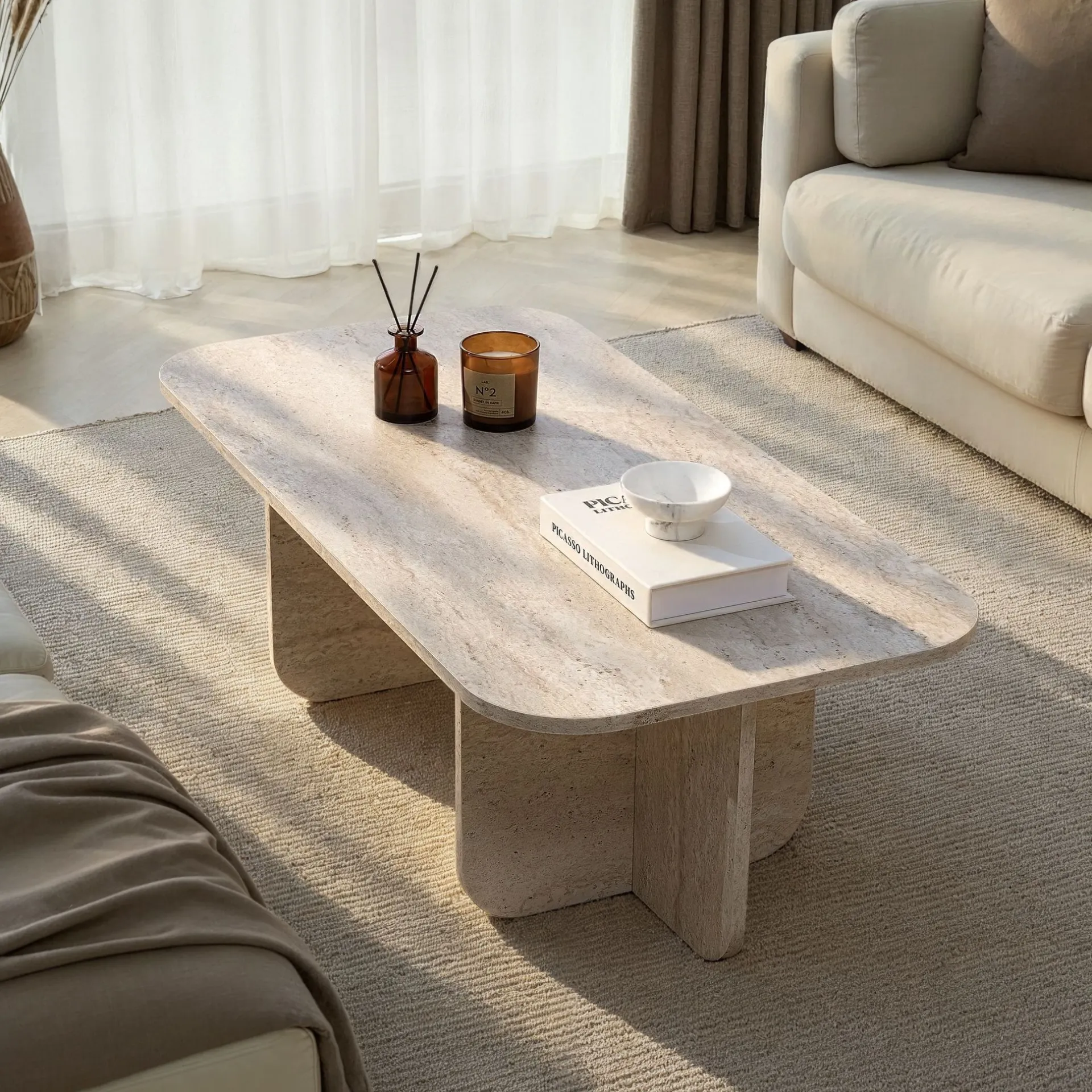Emob Couchtisch Akira - 100% MELAMINE - Travertin - 41 x 60 x 120 cm