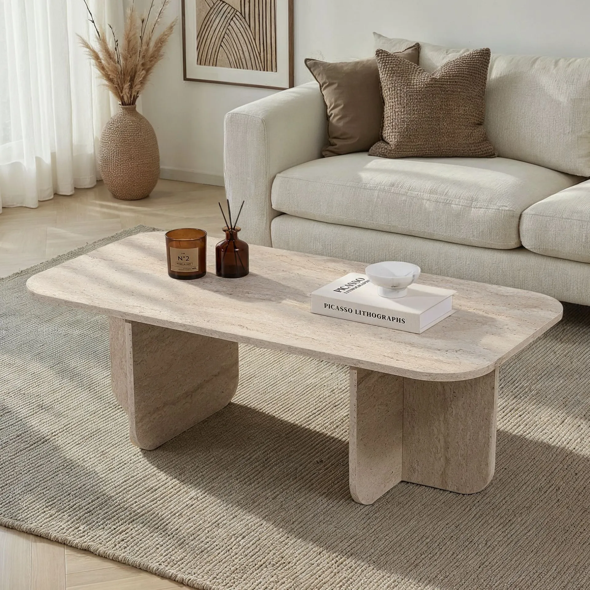 Emob Couchtisch Akira - 100% MELAMINE - Travertin - 41 x 60 x 120 cm