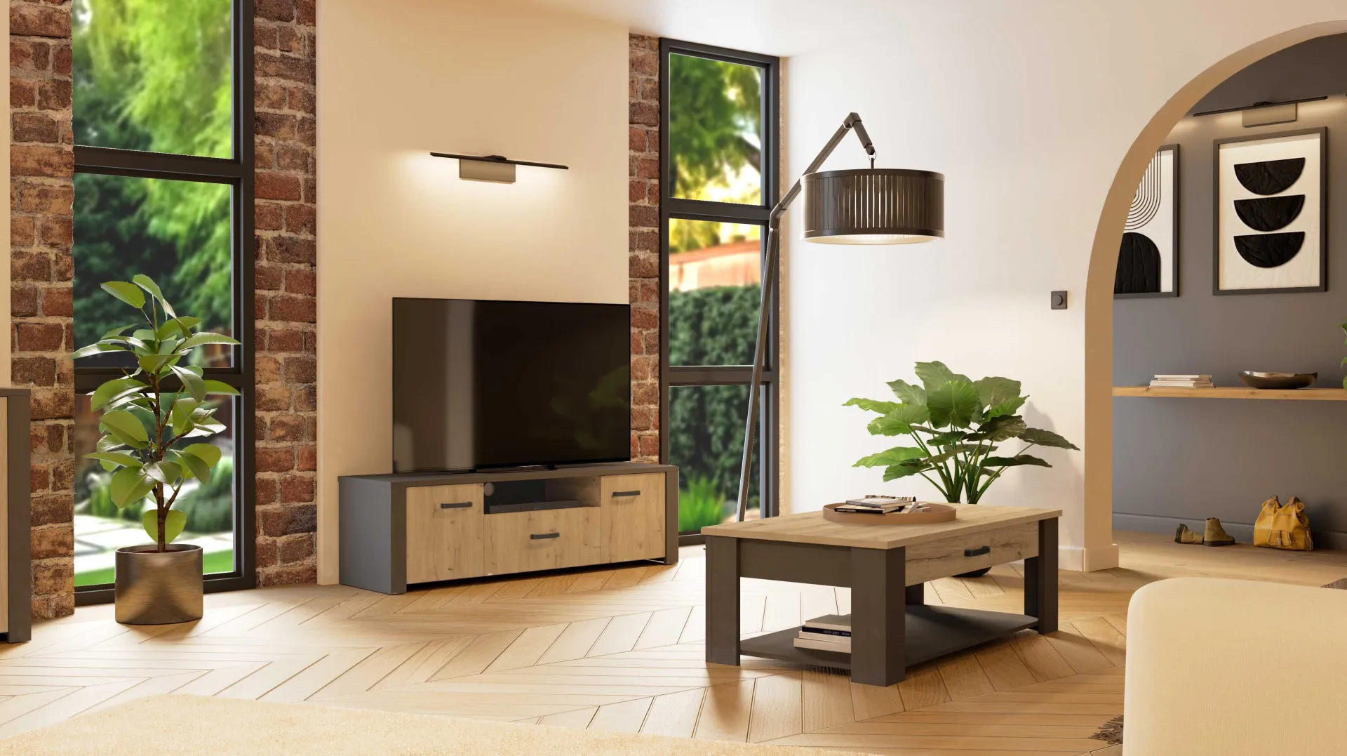 CBA Couchtisch Aubrey - 120x64x41cm - mit Schublade - Eiche Dekor/schwarz