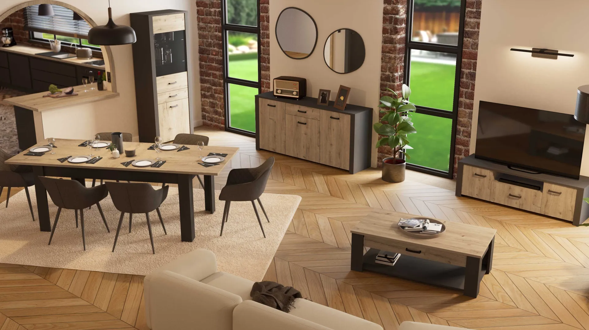 CBA Couchtisch Aubrey - 120x64x41cm - mit Schublade - Eiche Dekor/schwarz