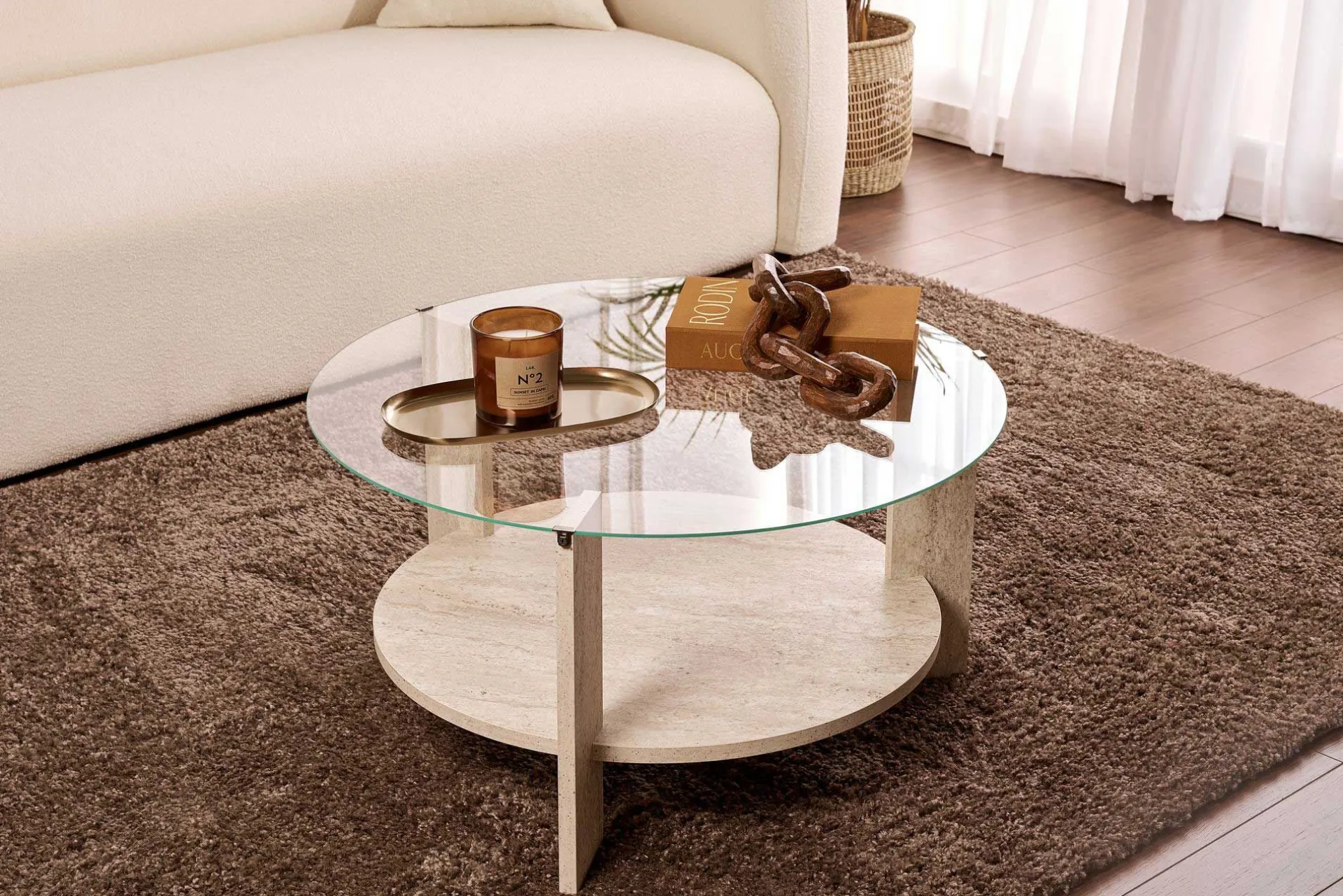 Emob Couchtisch Clara - 100% TEMPERED GLASS - Travertin - 40 x 75 x 75 cm
