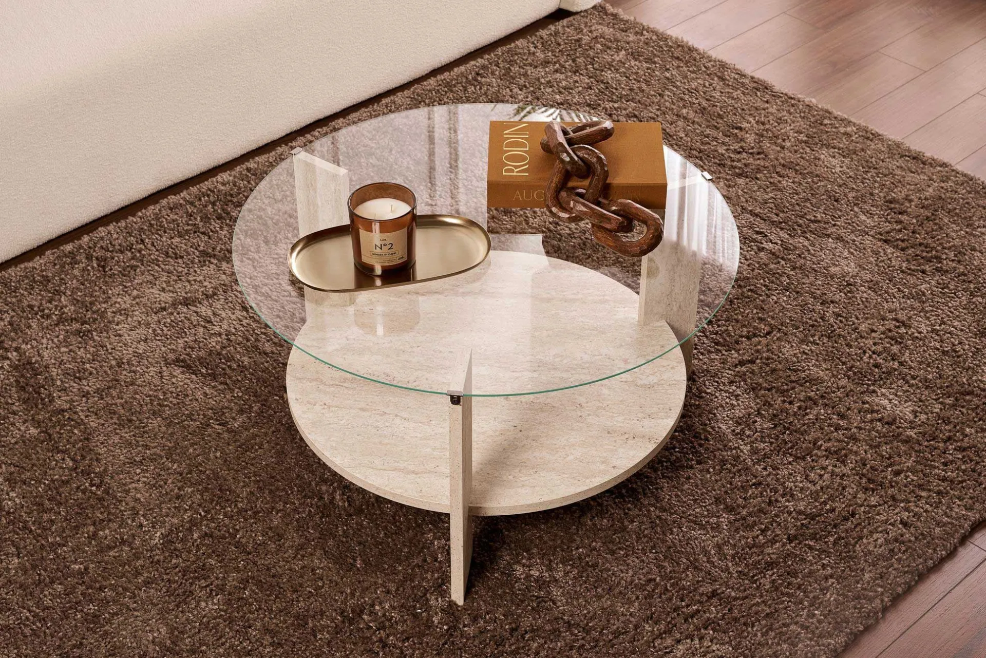 Emob Couchtisch Clara - 100% TEMPERED GLASS - Travertin - 40 x 75 x 75 cm